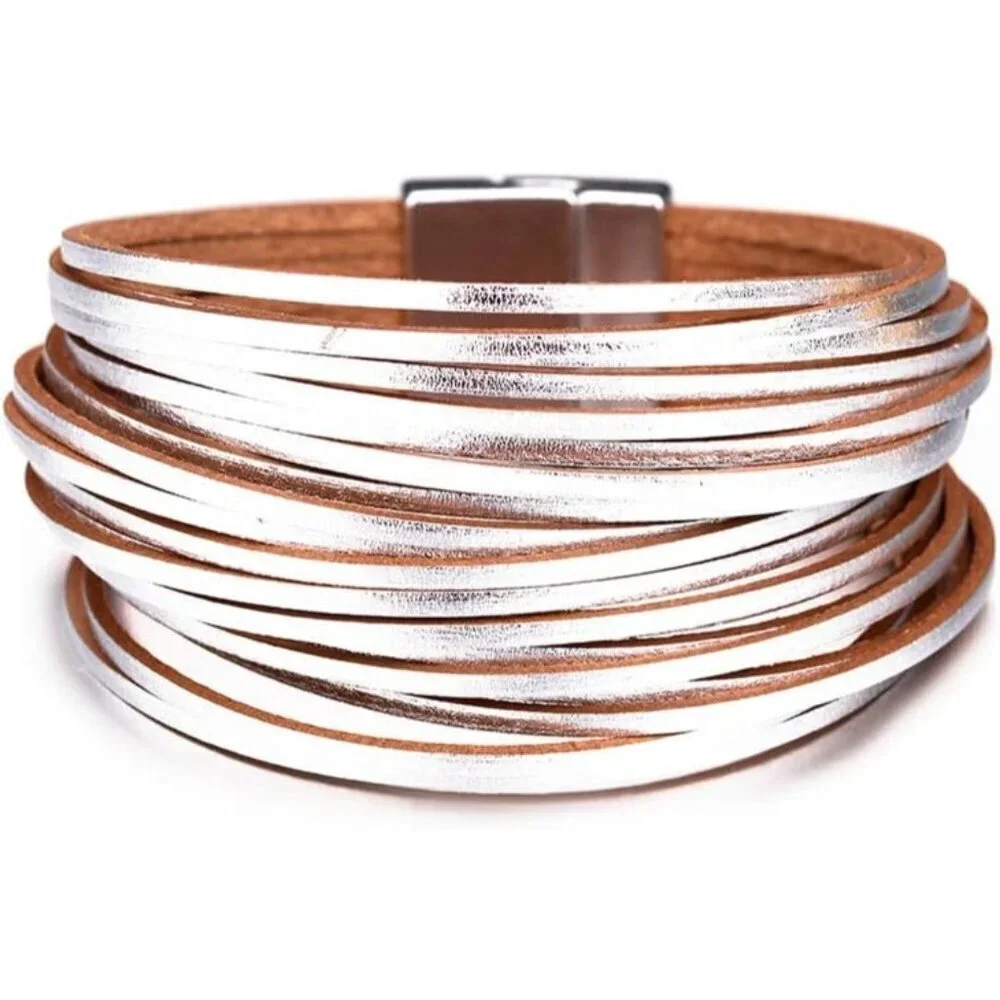 Women's Silver Leather Wrap Boho Leopard Multi Layer Crystal Beads Cuff Bracelet